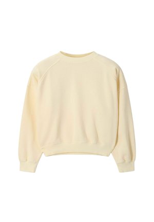 Crèmekleurige sweatshirt met lange mouwen en ronde hals, voorzien van geribbelde boorden bij de mouwen en zoom, getoond tegen een witte achtergrond.