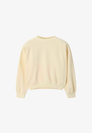 Sweat-shirt crème à manches longues avec col rond, poignets et ourlet côtelés, présenté sur un fond blanc.