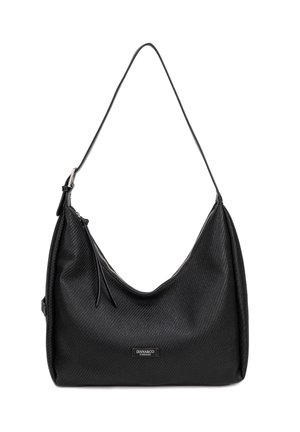 Borsa a tracolla in pelle nera testurizzata con tracolla regolabile, chiusura con zip e piccola targhetta con logo "DIANA&CO FIRENZE" sul davanti.