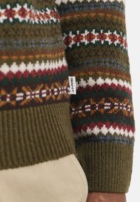 Maglione lavorato a maglia in verde oliva con motivi geometrici multicolori. Presenta polsini a coste e un'etichetta GANT sull'orlo.