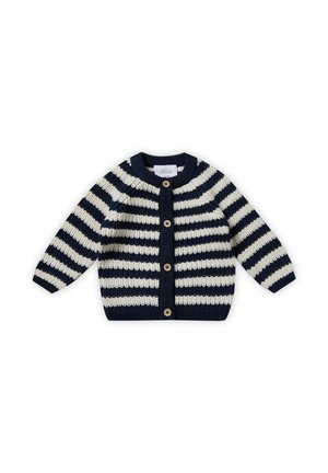 Strickjacke mit marineblauen und cremefarbenen horizontalen Streifen, rundem Halsausschnitt, langen Ärmeln und Holzknöpfen auf der Vorderseite.