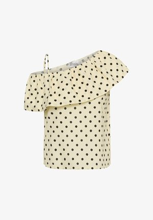 Cremefarbene Off-Shoulder-Bluse mit großen schwarzen Polka-Dots und einem einzelnen dünnen Schulterriemen, mit einem gerafften Ausschnitt.
