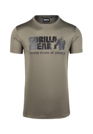 Maslinasto zelena sportska majica kratkih rukava. Ima crni tiskani logo "GORILLA WEAR" i grafiku gorile. Glatki, lagani materijal.