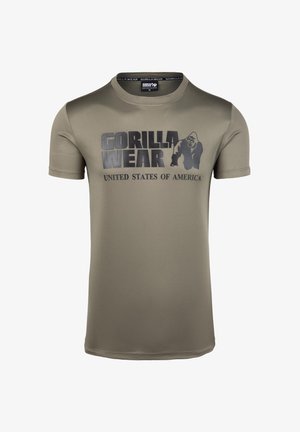 Olivno zelena atletska majica s kratkimi rokavi. Ima črn tiskani logotip "GORILLA WEAR" in grafiko gorile. Gladek, lahek material.