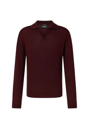 Langärmliger dunkelroter Pullover mit Kragen und V-Ausschnitt, gerippten Bündchen und weicher, glatter Textur.