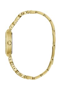 Arany színű karkötős óra téglalap alakú számlappal, láncos karkötővel és fényes felülettel. A dizájn oldalán egy gomb található, és sima láncszemek jellemzik.