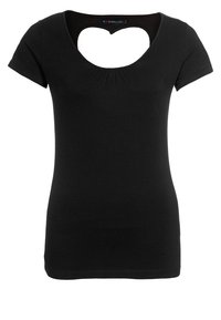 Schwarzes T-Shirt mit kurzen Ärmeln und herzförmigem Ausschnitt auf dem Rücken, hergestellt aus weichem Stoff mit enger Silhouette und Raffung vorne.