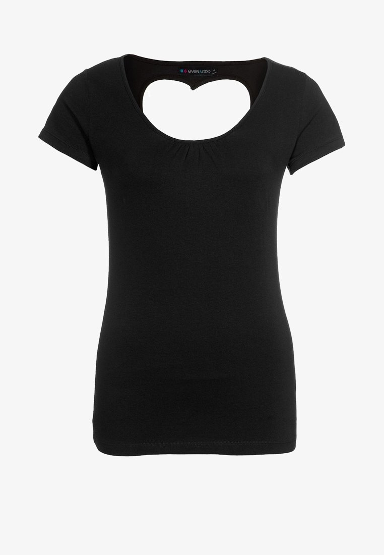 Schwarzes T-Shirt mit kurzen Ärmeln und herzförmigem Ausschnitt auf dem Rücken, hergestellt aus weichem Stoff mit enger Silhouette und Raffung vorne.