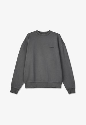 Gray fleece sweatshirt with a round neckline, ribbed cuffs and hem, featuring a small black logo on the front.