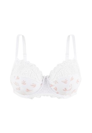 Soutien-gorge blanc avec un haut en dentelle en maille, motifs floraux en rose tendre, bretelles réglables et fermeture par crochets à l'arrière.