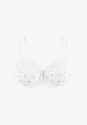 Reggiseno bianco con parte superiore in pizzo a rete, fantasia floreale in morbido rosa, spalline regolabili e chiusura con gancio sul retro.