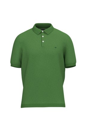 Green short-sleeve polo shirt with three buttons and a small dark embroidered logo on the left chest.