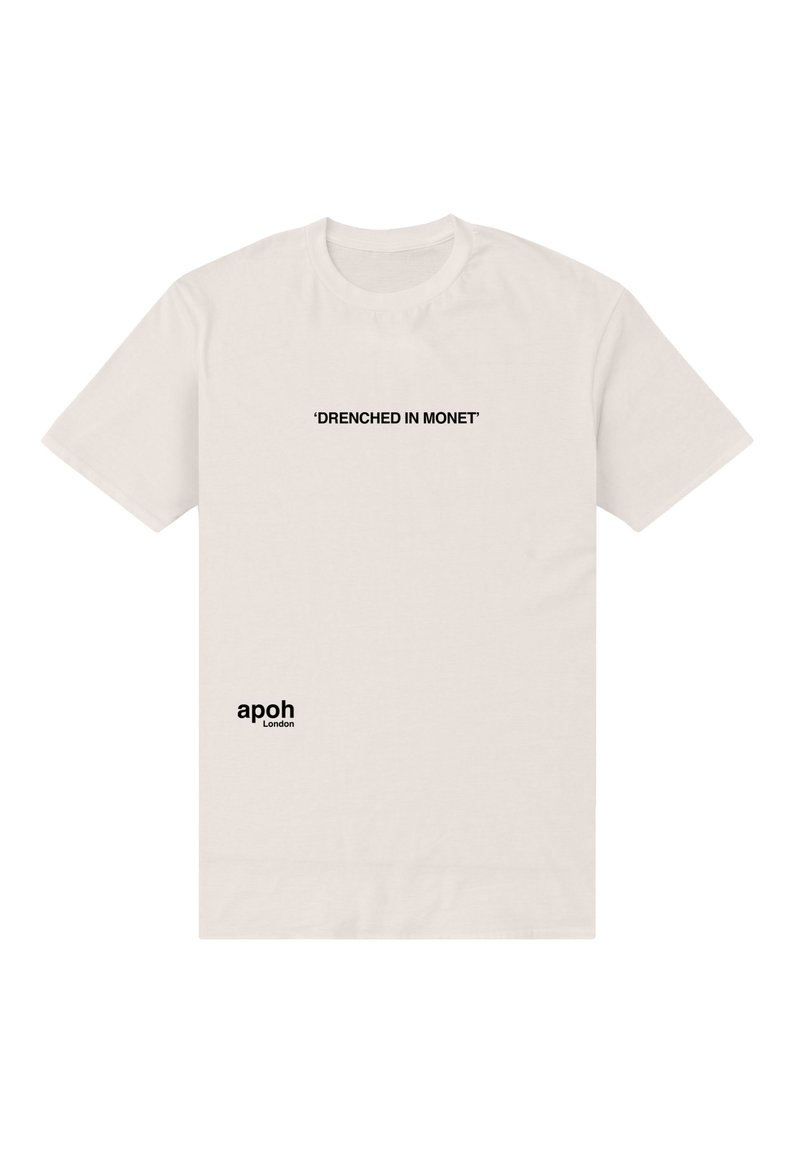 Krémové bavlněné tričko s černým textem: "PROŠTĚDŘENÝ MONETEM" umístěným na hrudi a "apoh London" na dolní straně. Krátké rukávy.