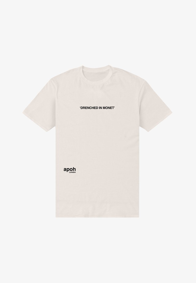 Krémové bavlněné tričko s černým textem: "PROŠTĚDŘENÝ MONETEM" umístěným na hrudi a "apoh London" na dolní straně. Krátké rukávy.
