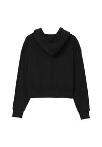 Sweat à capuche noir court avec une poche kangourou, des manches longues et un capuchon avec cordon de serrage. Fabriqué en tissu doux et texturé.