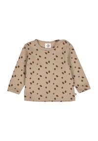 Camicia beige a maniche lunghe con texture a coste e motivo di puntini marroni e verdi sparsi; chiusura a scatto sulla spalla.