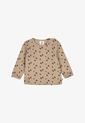 Beige langemouwen overhemd met een geribbelde textuur en verspreide bruine en groene stippenpatroon; drukknoopsluiting op de schouder.