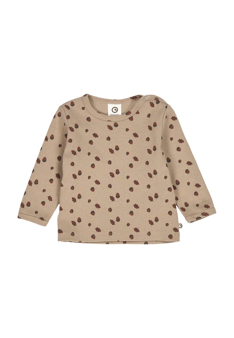 Beige košile s dlouhým rukávem, která má ribovanou texturu a rozptýlený vzor hnědých a zelených teček; zapínání na patentku na rameni.