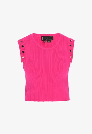 Felroze geribbelde mouwloze top met ronde hals en metalen knoopdetails langs de schouders, maat small.