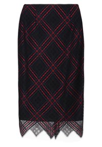 Svart spetskjol i blyertsstil med röd och blå diamantmönster och vågkant. Har en intrikat textur och dekorerad kant.