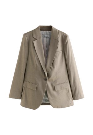 Hnědý šitý blazer s klopovým límcem, jedním knoflíkem na zapínání, dvěma předními kapsami a pruhovanou podšívkou. Má strukturovaný střih.