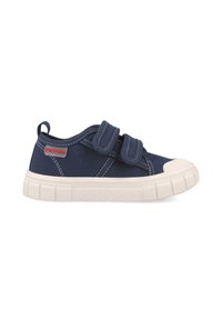 Zapatillas de lona navy con dos correas de Velcro, puntera de goma blanca y suela texturizada. Presenta costuras en contraste y el logo de la marca en el costado.