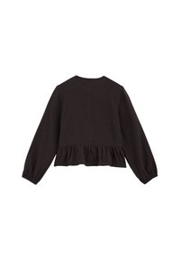 Črna bluza z dolgimi rokavi, peplum krojem in teksturirano tkanino. Ima okroglo ovratnik in gubane rokave pri manšetah.