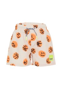 Costume da bagno realizzati in tessuto leggero, con una stampa totale di facce sorridenti arancioni e palloni da basket su uno sfondo chiaro. Vita con cordoncino.