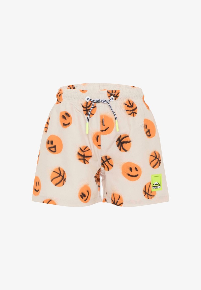 Costume da bagno realizzati in tessuto leggero, con una stampa totale di facce sorridenti arancioni e palloni da basket su uno sfondo chiaro. Vita con cordoncino.