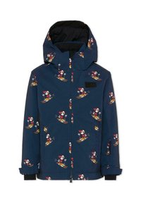 Giacca da pioggia blu navy con motivo di cartoni animati a tema sci in tutto, dotata di cappuccio, zip frontale e tasche laterali. Foderata in nero.