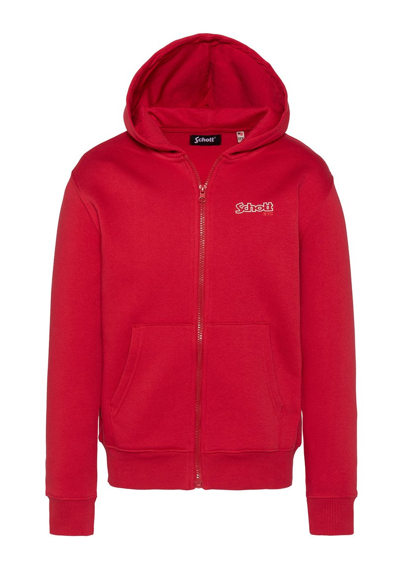 Sudadera roja con cremallera y bolsillo frontal, capucha con cordón, puños y dobladillo acanalados, presenta un logo blanco en el pecho. Textura de tela suave.