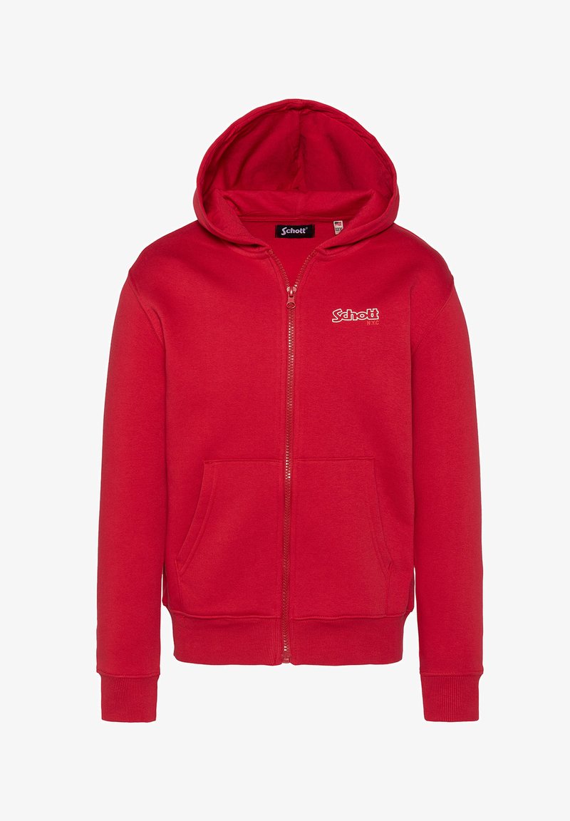 Sudadera roja con cremallera y bolsillo frontal, capucha con cordón, puños y dobladillo acanalados, presenta un logo blanco en el pecho. Textura de tela suave.