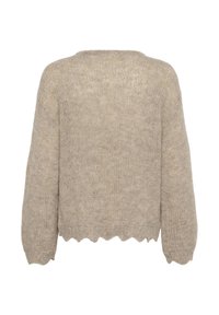 Beige strikket sweater med løs pasform, rund halsudskæring og bølget kant. Har lange ærmer og et tekstureret, blødt materiale.