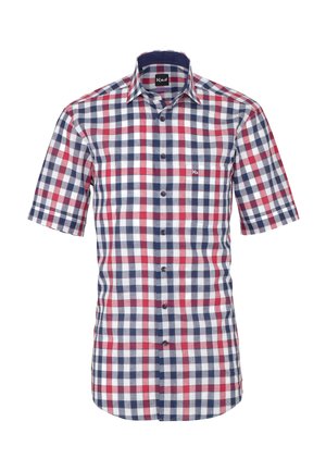 Herrenhemd mit kurzen Ärmeln, Knopfleiste, kariert in Rot, Weiß und Marineblau, mit spitzem Kragen.