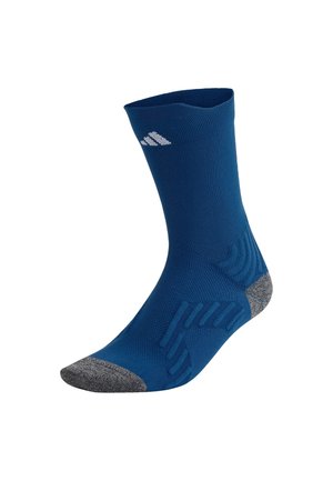 Calzino sportivo blu con punta e tallone grigi, bande di supporto strutturate e piccolo logo bianco vicino al polsino superiore.