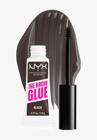 NYX Professional Makeup The Brow Glue black brow gel tube with applicator brush and black product swatch background.