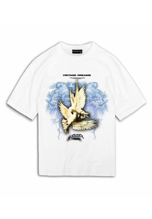 Valge lühikeste varrukatega T-särk, millel on graafika kahest valgest tuvi sinise tausta ees, koos tekstiga "VINTAGE DREAMS" ja "SEASON 2021."