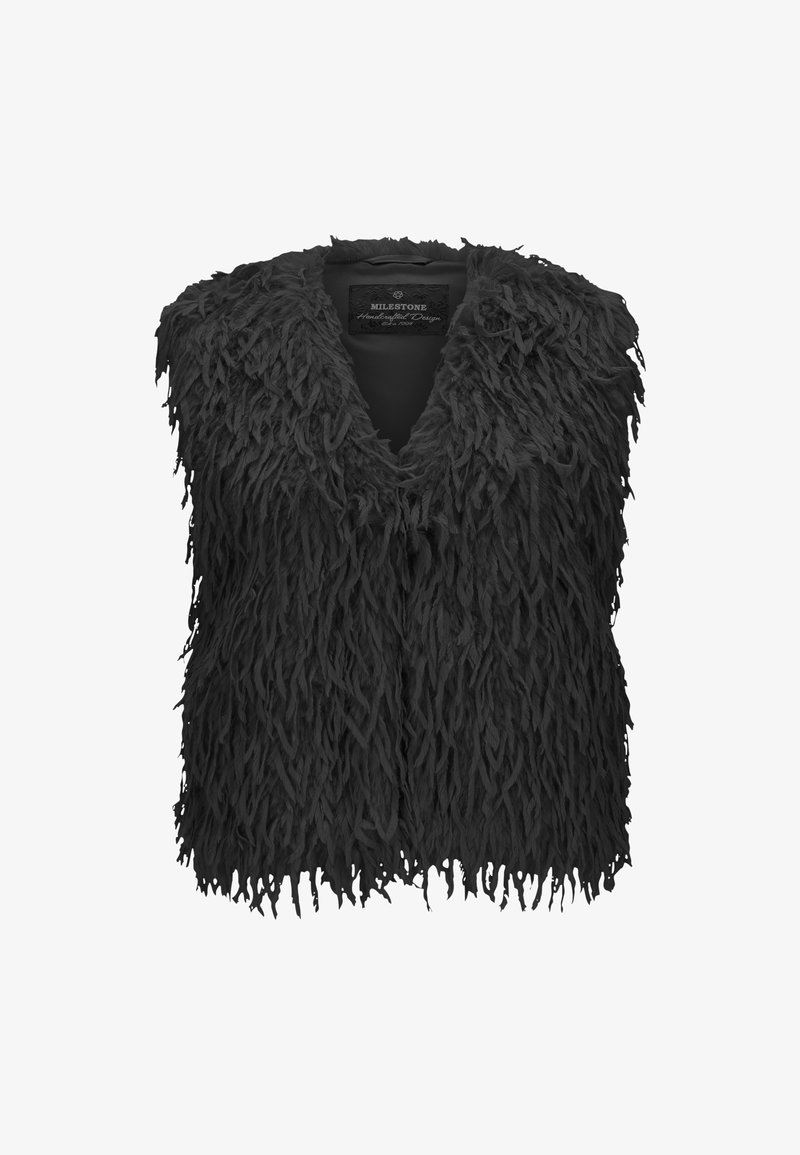 Schwarze Weste aus flauschigem Material, mit V-Ausschnitt, ärmellosem Design und einer strukturierten, geschichteten Optik. Keine sichtbaren Verschlüsse.