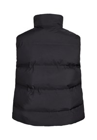 Must must vest tumes kõrge kraega, millel on tikitud osad ja sujuv, matt tekstuur. Tagantvaade näitab ümarat alläära.