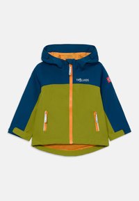 Jacheta colorată pentru copii are un design albastru și verde cu accente portocalii, un glugă și buzunare frontale cu fermoar. Material neted și ușor.