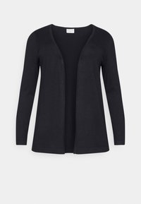 Sort strikcardigan med lange ærmer, åben front og uden lukninger. Har en glat tekstur og subtil ribbet detaljering ved kanten.