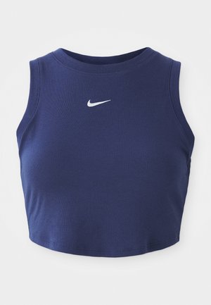 Marineblå ribbet crop-top med rund halslinning og ærmeløs design, med en liten hvit Nike-logo på brystet.