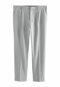Light gray trousers with a straight-leg design, made from smooth fabric. Features include front pleats and side pockets.