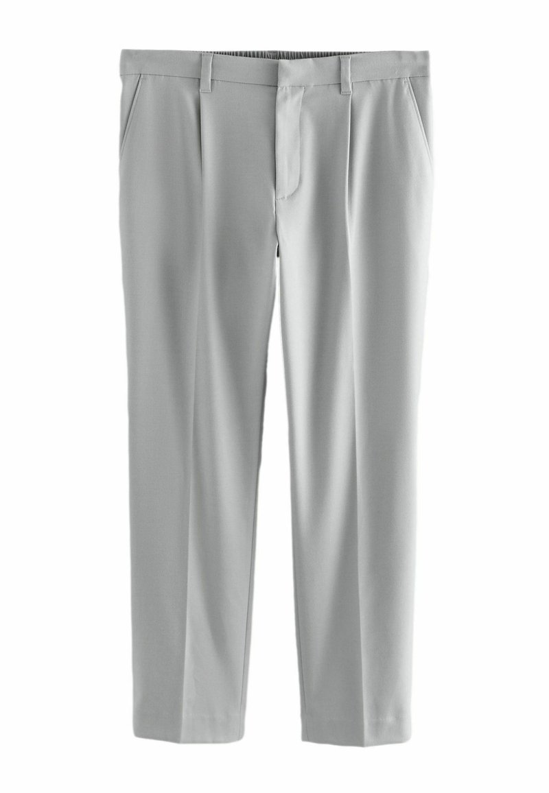Light gray trousers with a straight-leg design, made from smooth fabric. Features include front pleats and side pockets.