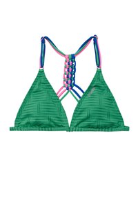 Zelený trojuholníkový bikiny top s textúrovaným vzorom, ktorý obsahuje pletený viacfarebný chrbát. Materiál je elastický a hladký.