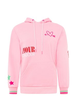 Pinkfarbener Hoodie mit weißen Kordeln, mit dem Schriftzug „AMOUR BONJOUR“, einem Herz mit Pfeil auf der Brust und Stern-Patches am linken Ärmelsaum.