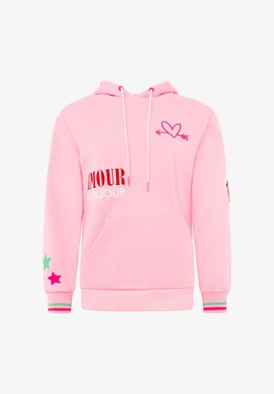 Pinkfarbener Hoodie mit weißen Kordeln, mit dem Schriftzug „AMOUR BONJOUR“, einem Herz mit Pfeil auf der Brust und Stern-Patches am linken Ärmelsaum.