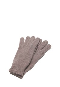 Bruine wollen handschoenen met een eenvoudig, gebreid ontwerp en vijf vingers. Zachte textuur en geribde manchetten voor een comfortabele pasvorm.