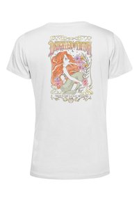 T-shirt en coton blanc arborant un graphique coloré au dos représentant une sirène aux cheveux oranges, des fleurs et le texte « Fille de Triton ».}}
