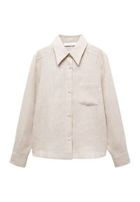 Camicia in lino beige con bottoni, maniche lunghe, colletto a punta, taschino sul petto e una sottile texture su tutta la stoffa.